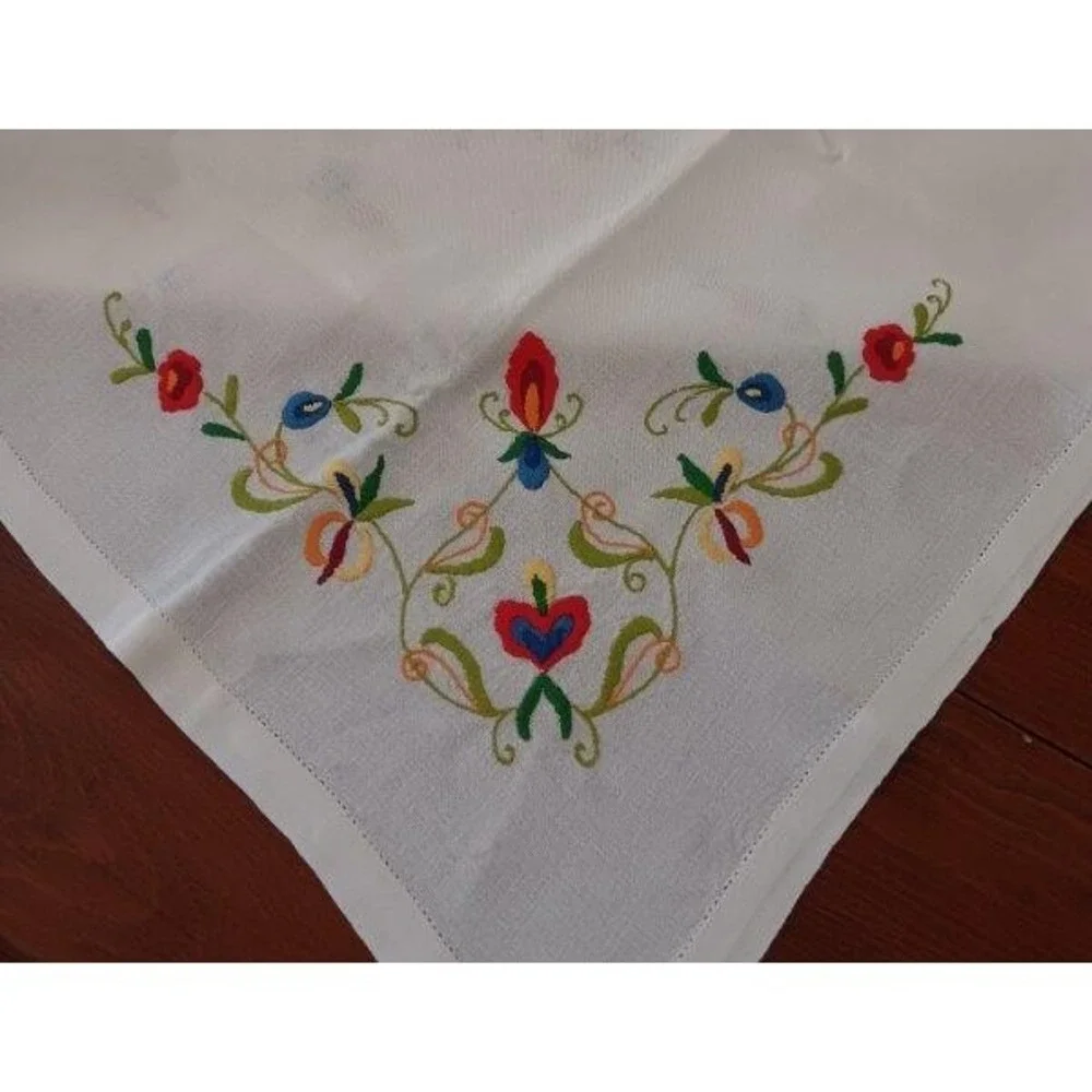 Large Vintage Norwegian Embroidered Tablecloth Linen Red Blue Swedish Floral 62" - Picture 5 of 6